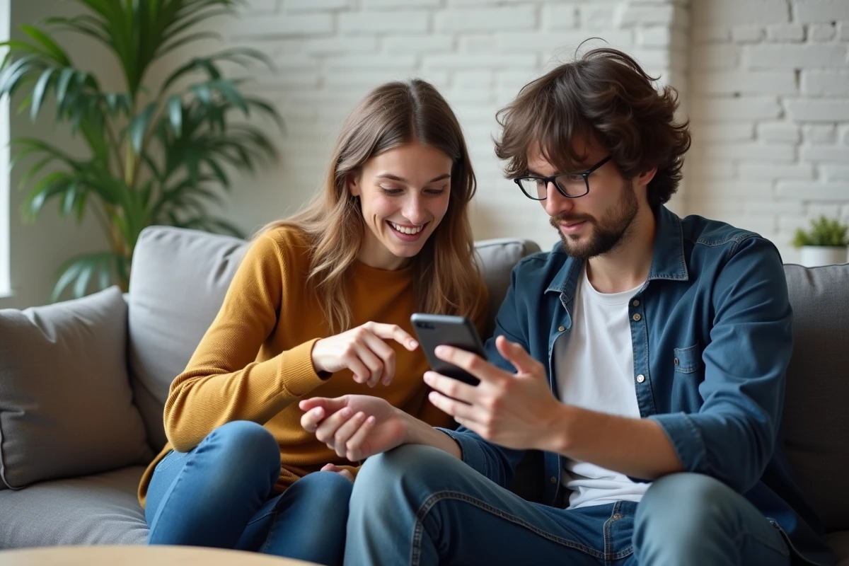 Deux jeunes adultes consultant des exemples de messages Discord formatés en italique sur un smartphone dans un salon moderne