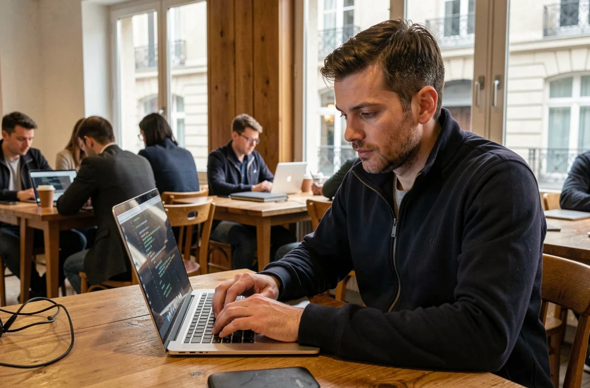 Technicien E-Prog développant un script de diagnostic logiciel dans un espace de coworking toulousain