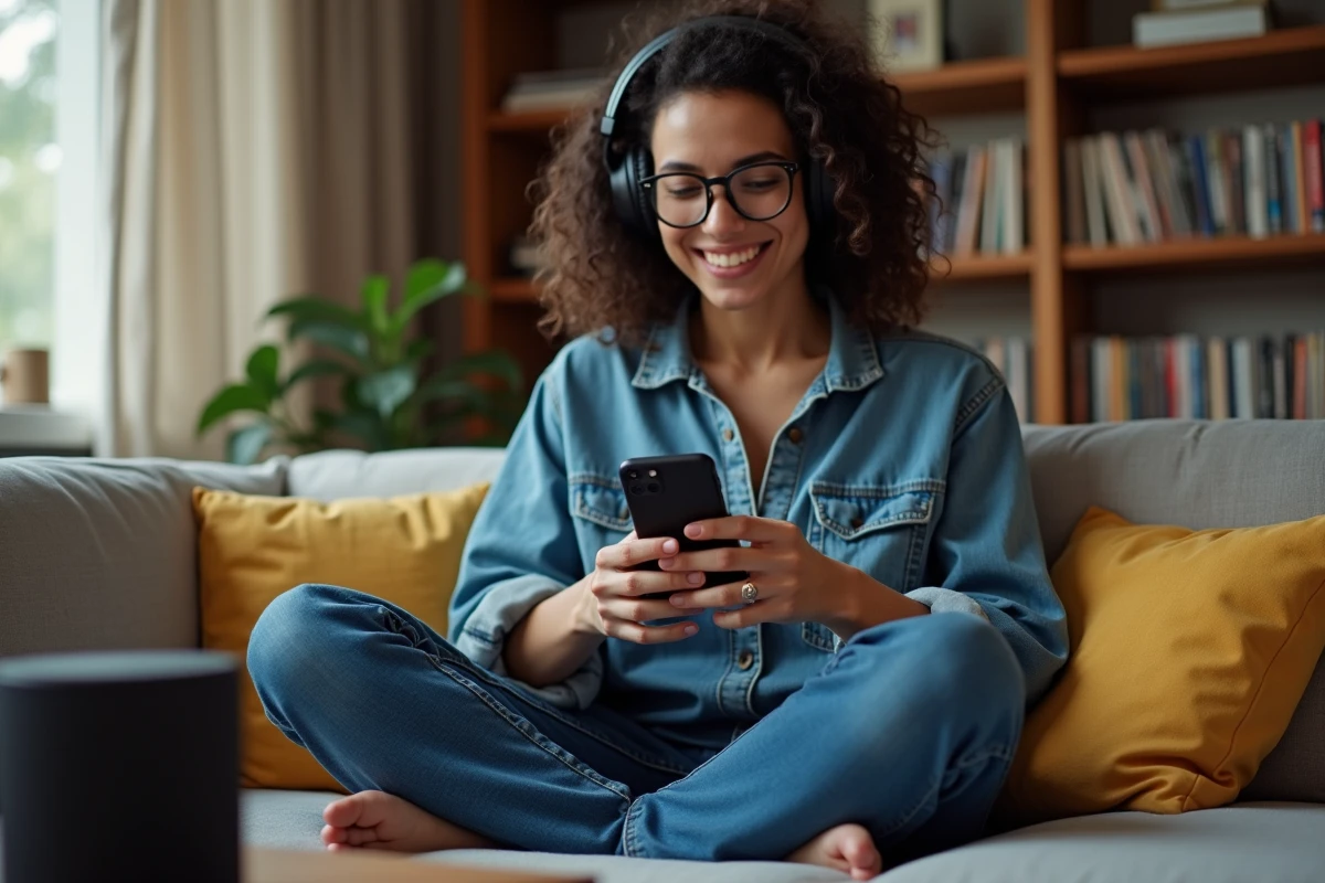 Femme écoutant de la musique YouTube sur smartphone avec casque audio haute fidélité pour conversion MP3 sans perte