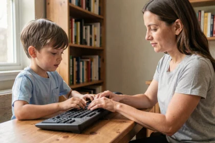 Un enfant de 7 ans apprend à taper sur un clavier d'ordinateur guidé par sa mère dans un bureau à domicile