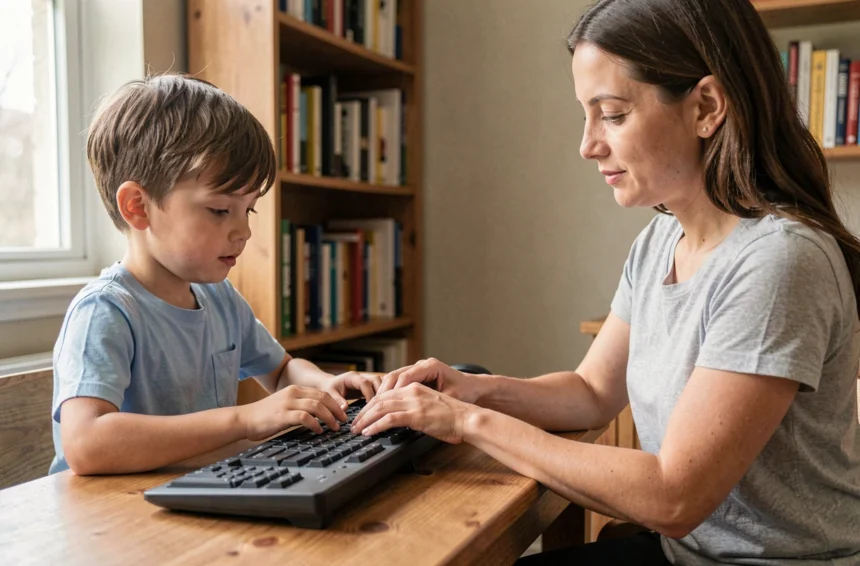 Un enfant de 7 ans apprend à taper sur un clavier d'ordinateur guidé par sa mère dans un bureau à domicile