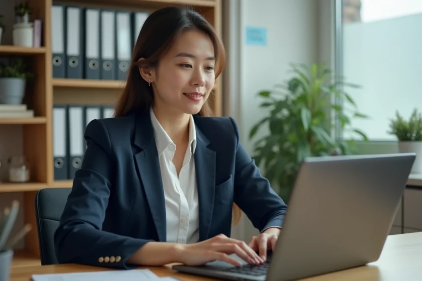 Enseignante se connectant à sa messagerie professionnelle sur le portail DSDEN 33 Convergence depuis son bureau scolaire