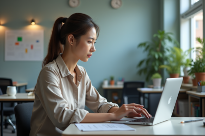 Jeune enseignante assise avec tablette et ordinateur dans une classe moderne