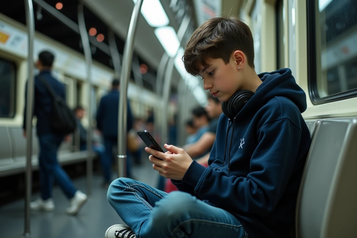 Adolescent parcourant sa mangathèque numérique Epsilon Soft sur smartphone dans le métro