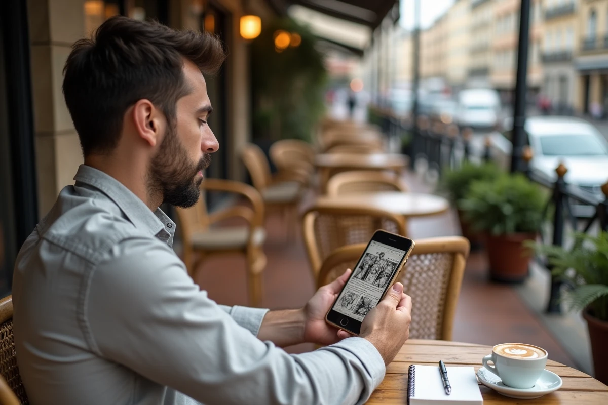 Homme lisant un manga sur smartphone via Epsilon Soft en terrasse de café à Paris