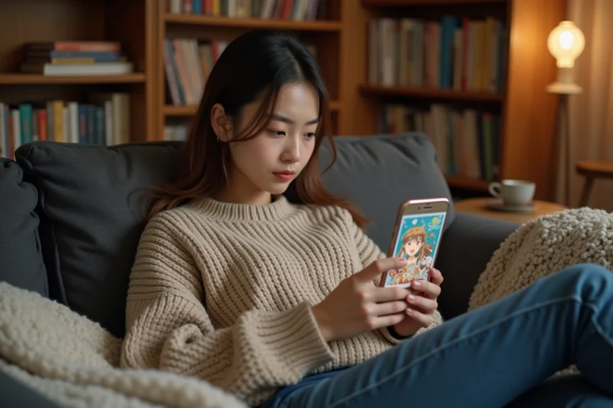 Jeune femme lisant des mangas sur son smartphone avec l'application Epsilon Soft dans un salon cosy