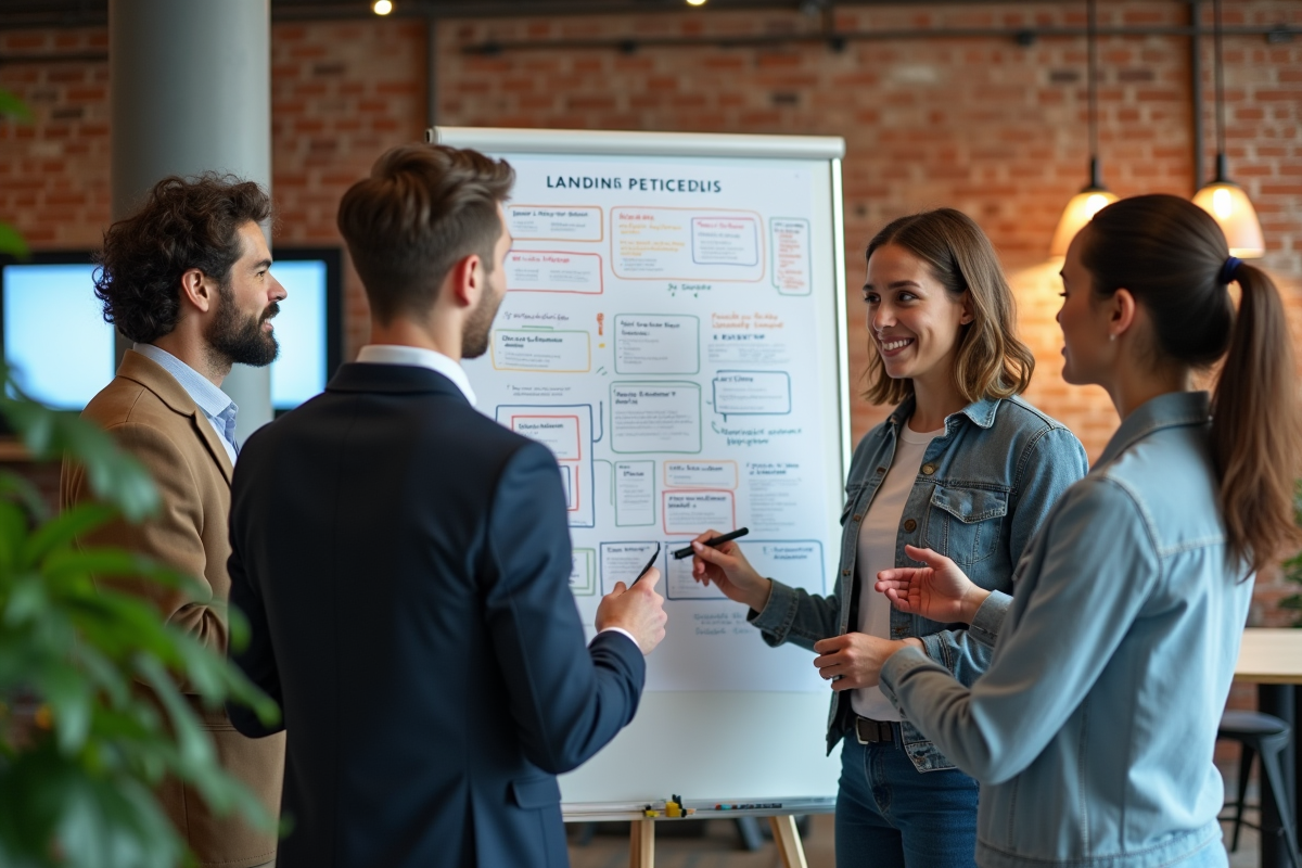 Groupe de jeunes professionnels discutant autour d’un tableau blanc