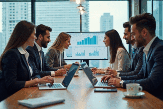 Groupe de professionnels IT collaborant sur des rapports numériques