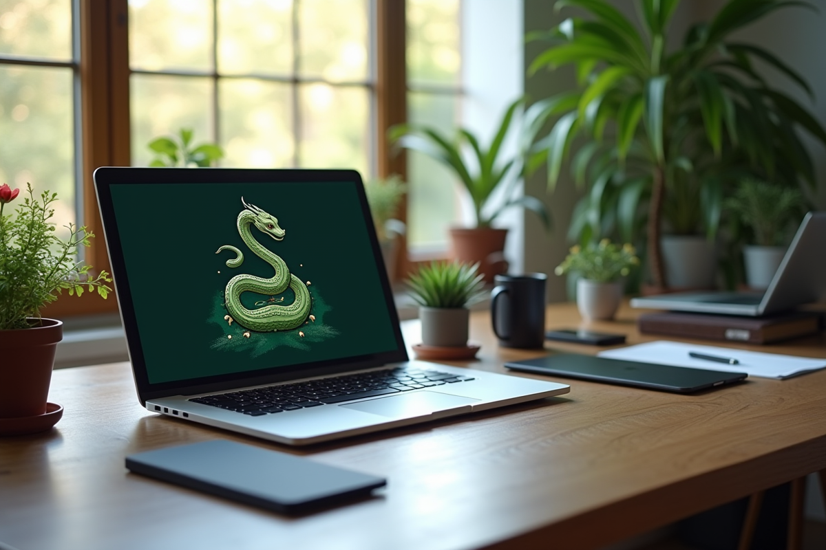 Espace de travail moderne avec ordinateur affichant un jeu serpent