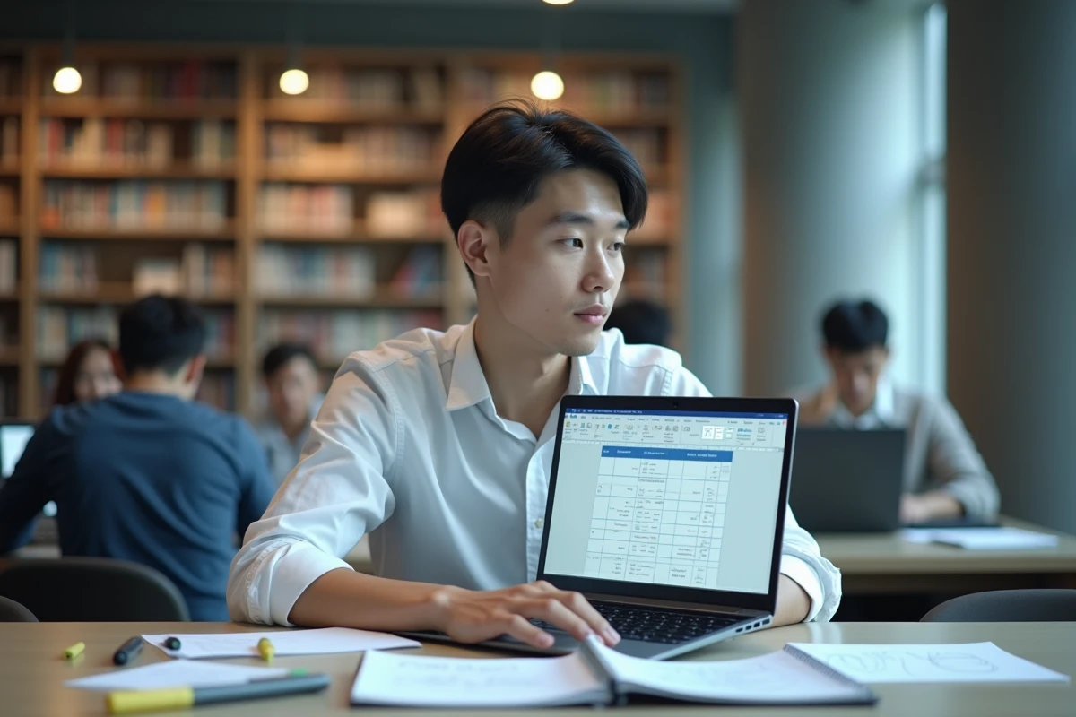 Étudiant en bibliothèque utilisant Microsoft Word pour créer un tableau de cours structuré