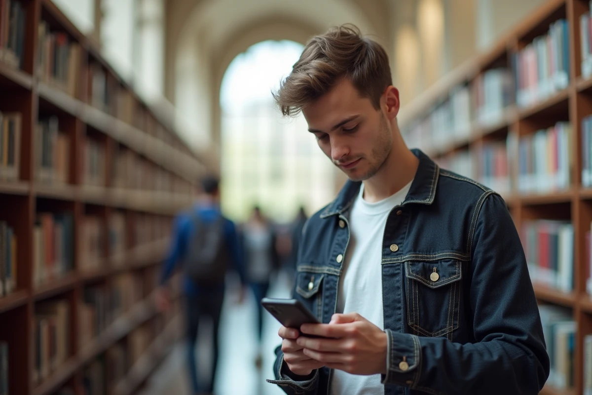 Étudiant consultant une erreur de connexion webmail Unicaen sur son smartphone dans une bibliothèque universitaire