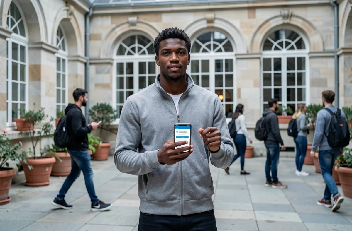 Étudiant international utilisant l'ENT de Montpellier sur smartphone dans la cour du campus universitaire