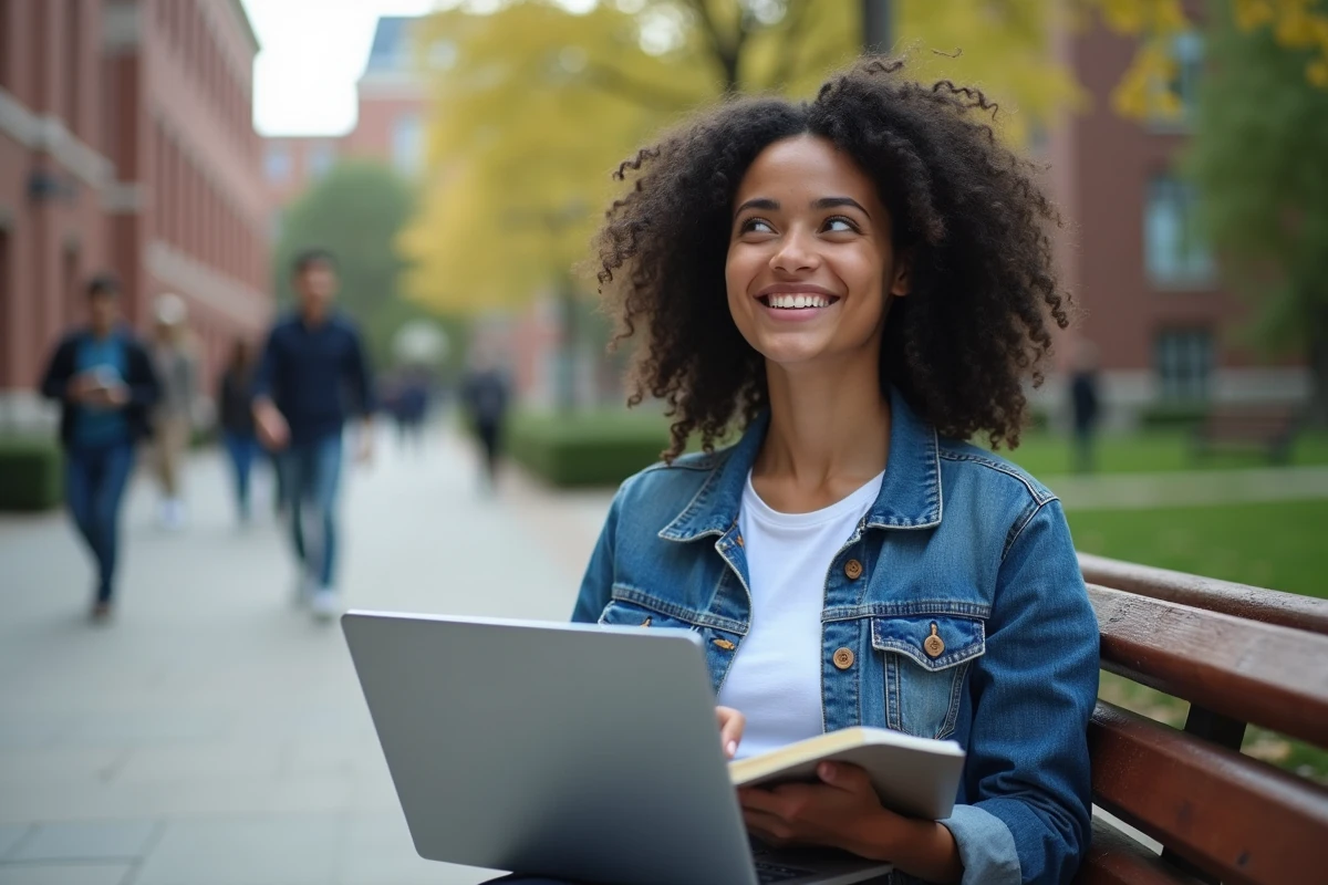 Étudiante assise dans la cour universitaire avec son ordinateur portable
