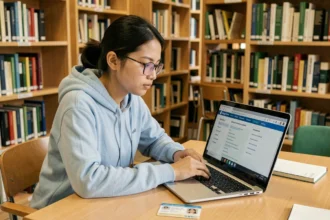 Étudiante internationale connectée à l'ENT de l'Université de Montpellier depuis la bibliothèque universitaire