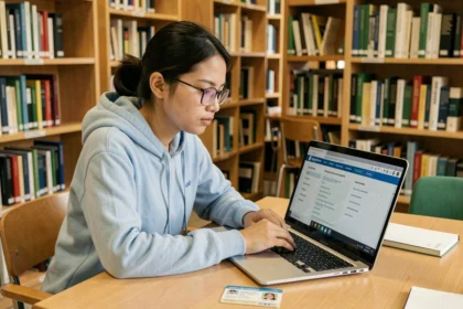 Étudiante internationale connectée à l'ENT de l'Université de Montpellier depuis la bibliothèque universitaire