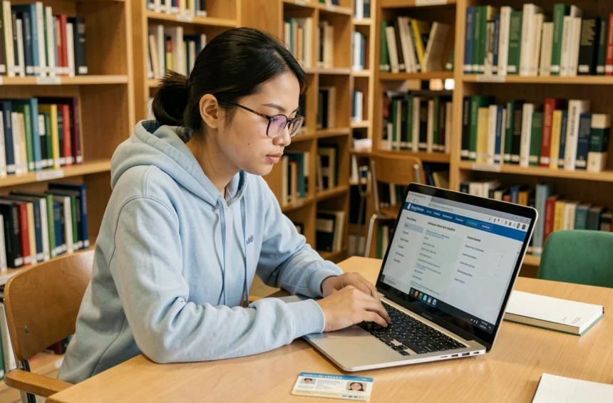 Étudiante internationale connectée à l'ENT de l'Université de Montpellier depuis la bibliothèque universitaire