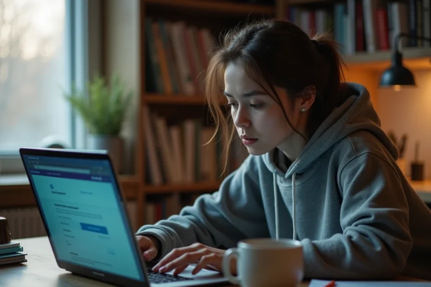 Étudiante frustrée face à un problème de connexion webmail sur son ordinateur portable dans un appartement universitaire