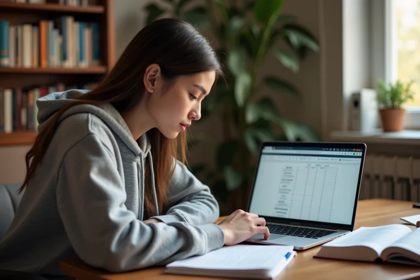 Étudiante créant un tableau dans Word sur son ordinateur portable pour ses fiches de révision