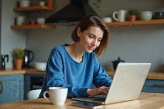 Femme en sweater bleu effectuant un achat en ligne à la maison
