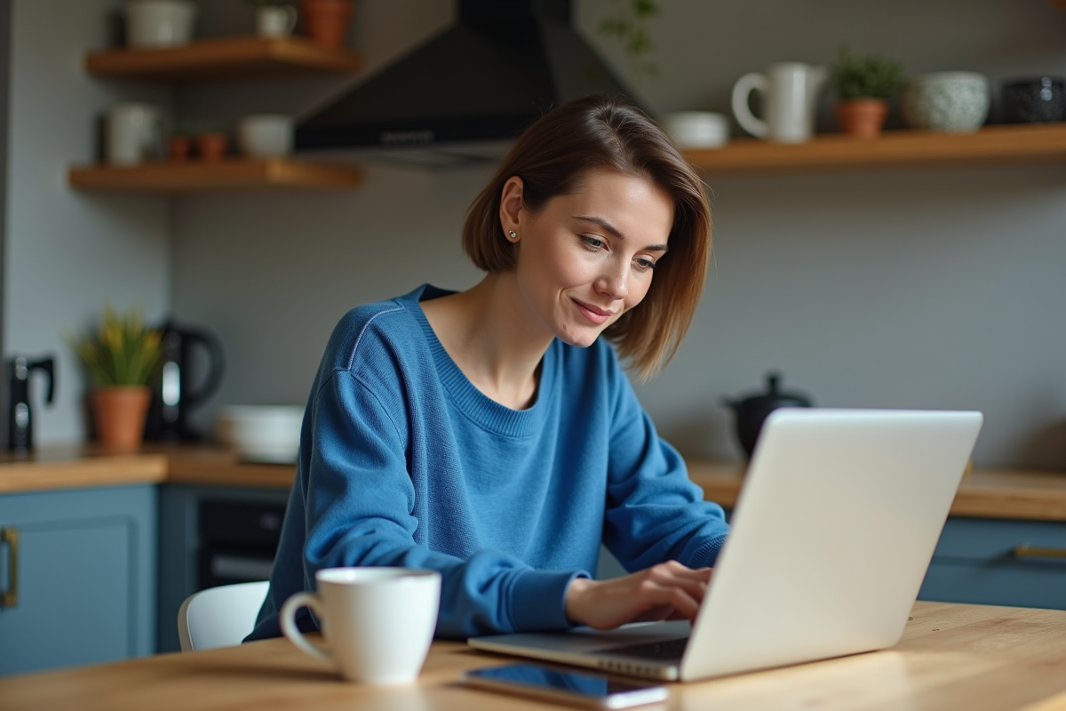 Femme en sweater bleu effectuant un achat en ligne à la maison