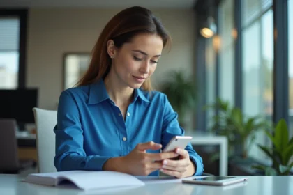 Femme d'affaires en blouse bleue utilisant son smartphone