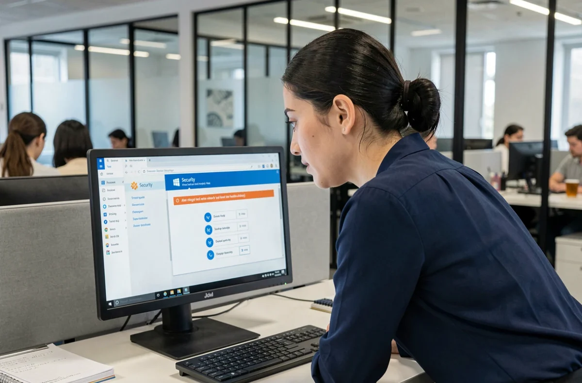 Femme au bureau découvrant des alertes de sécurité Windows Defender désactivées sur son écran d'ordinateur