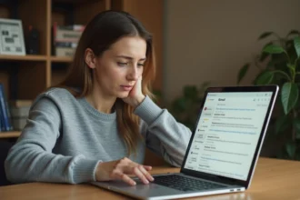 Femme frustrée par une boîte mail envahie de newsletters et de spams sur son ordinateur portable dans un bureau à domicile