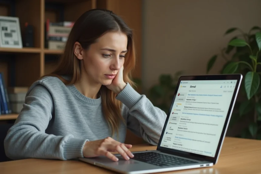 Femme frustrée par une boîte mail envahie de newsletters et de spams sur son ordinateur portable dans un bureau à domicile
