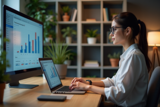 Jeune femme concentrée travaillant sur un ordinateur dans un bureau moderne