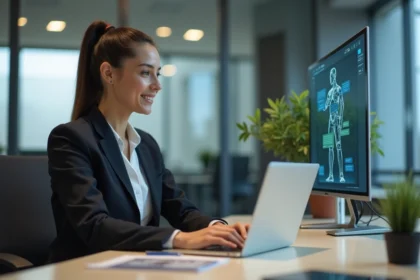 Femme au bureau utilisant un chatbot client