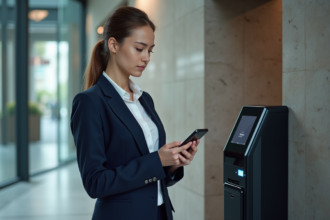 Jeune femme en bureau utilisant un terminal biométrique