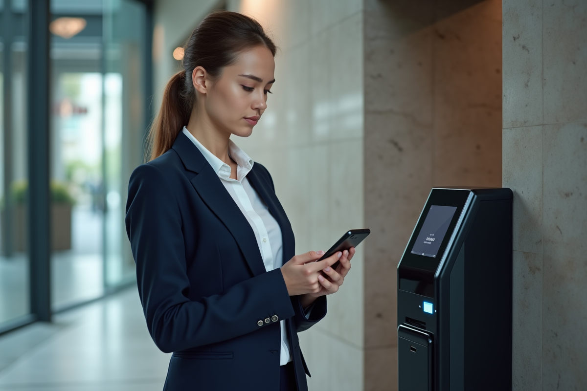 Jeune femme en bureau utilisant un terminal biométrique