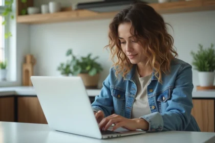 Jeune femme en denim regardant Instagram Stories sur son ordinateur