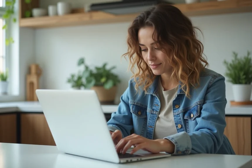 Jeune femme en denim regardant Instagram Stories sur son ordinateur