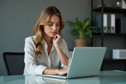Femme au bureau vérifiant un email sur son ordinateur