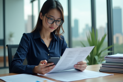 Jeune femme au bureau lisant un document avec smartphone