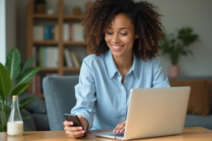 Femme au bureau à domicile utilisant son ordinateur portable