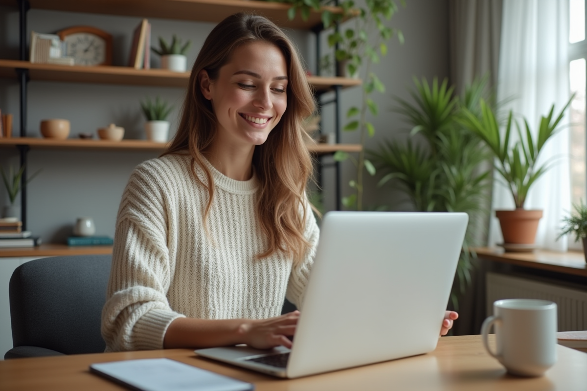 Femme souriante dans un bureau à domicile moderne