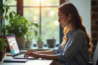 Femme professionnelle travaillant sur un ordinateur avec une newsletter colorée