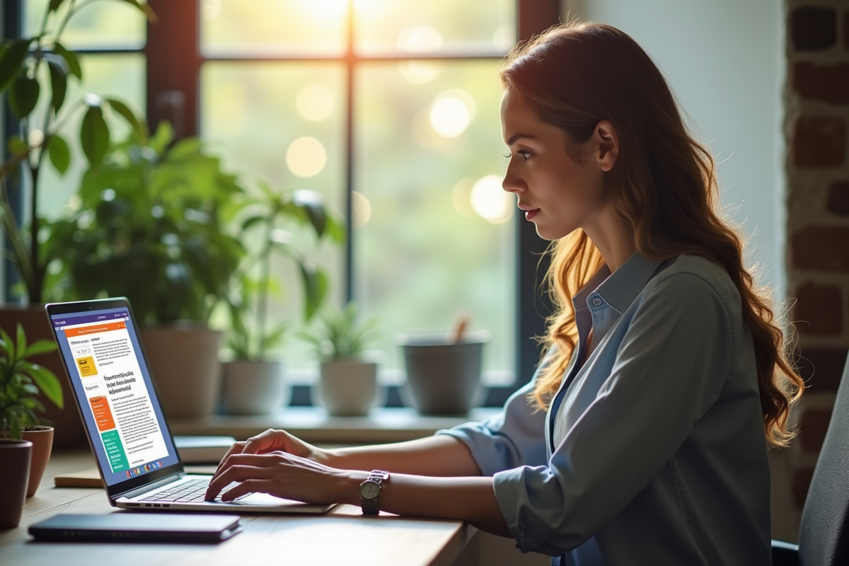 Femme professionnelle travaillant sur un ordinateur avec une newsletter colorée