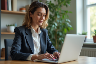 Femme d'affaires travaillant sur ordinateur dans un bureau lumineux