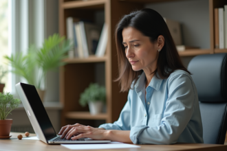 Femme d'âge moyen travaillant sur son ordinateur dans un bureau calme