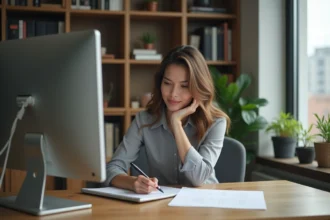 Jeune femme au bureau compare un moniteur 24 pouces