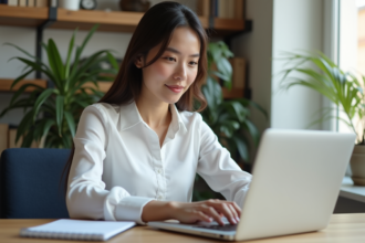 Jeune femme au bureau utilisant un ordinateur portable pour Excel