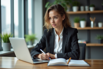 Jeune femme en tenue professionnelle au bureau