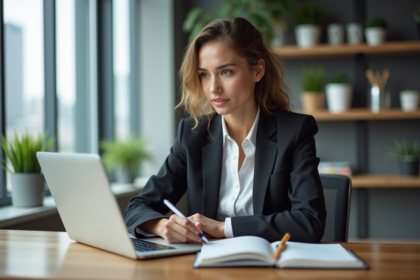 Jeune femme en tenue professionnelle au bureau