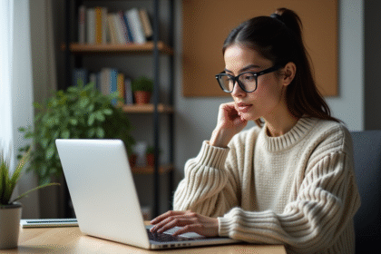 Jeune femme au bureau compare antivirus sur son ordinateur