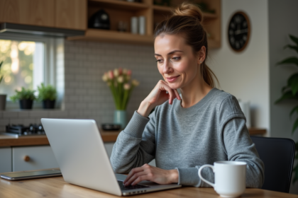 Femme d'âge moyen utilisant un ordinateur avec assistant virtuel