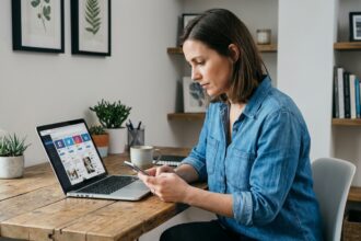 Femme en bureau moderne gérant ses réseaux sociaux