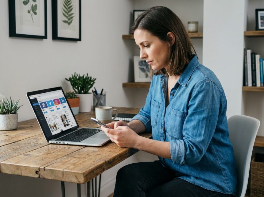 Femme en bureau moderne gérant ses réseaux sociaux
